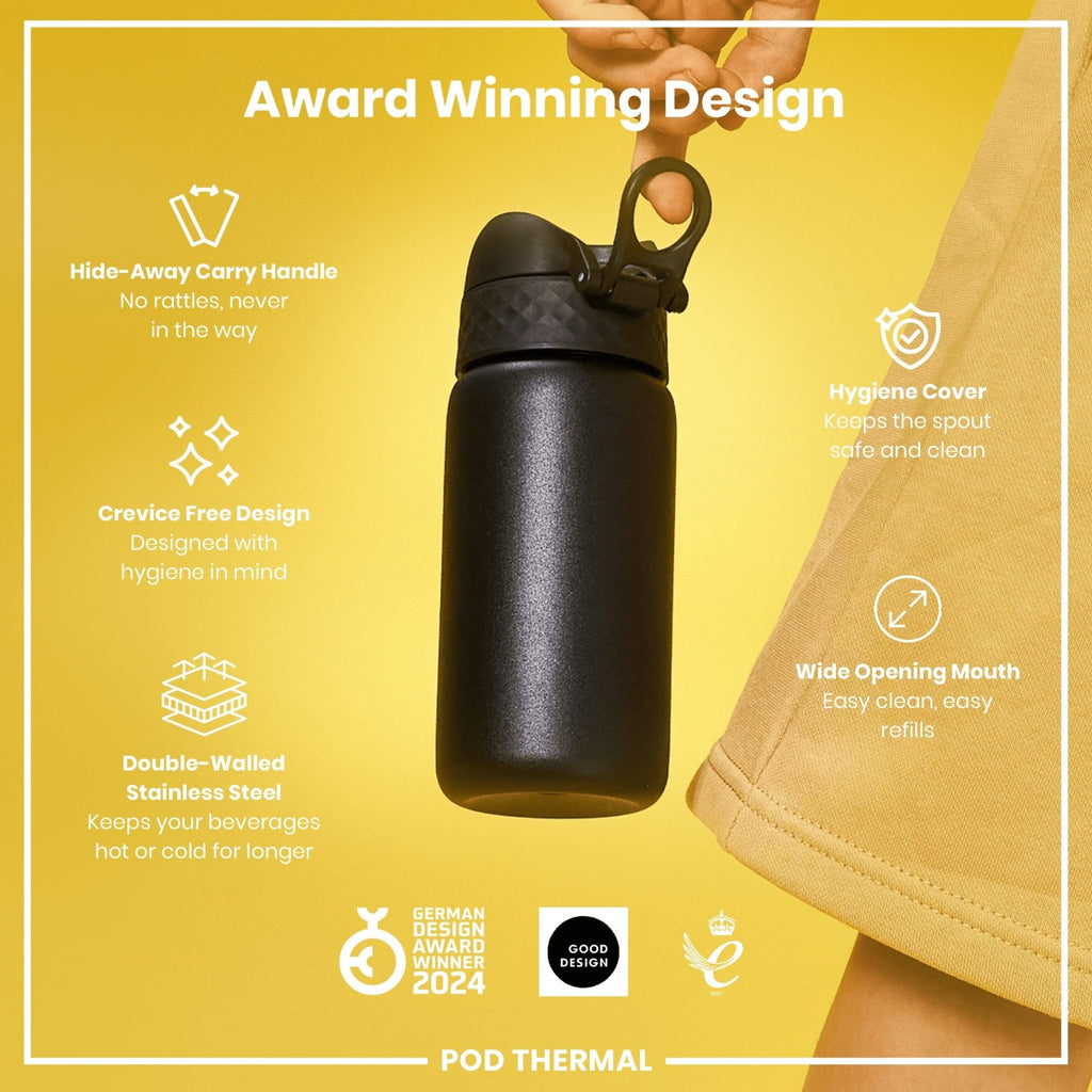 ION8 insulated steel water bottle in black, 320ml, leak-proof thermal design, durable stainless steel for hot and cold drinks