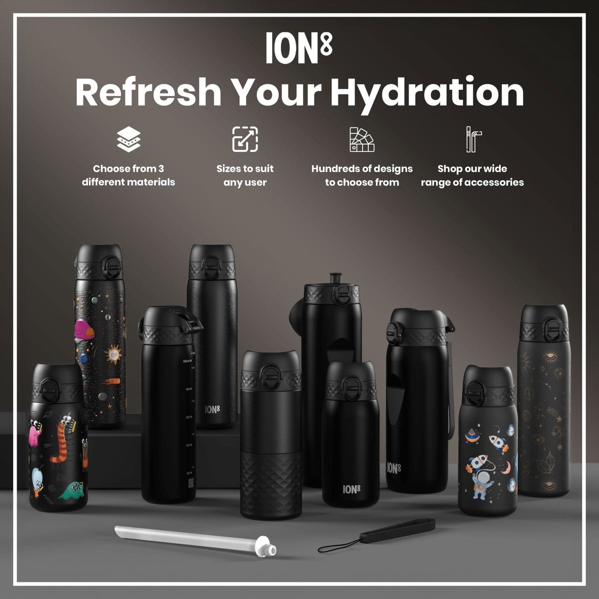 ION8 insulated steel water bottle in black, 320ml, leak-proof thermal design, perfect for keeping drinks hot or cold.