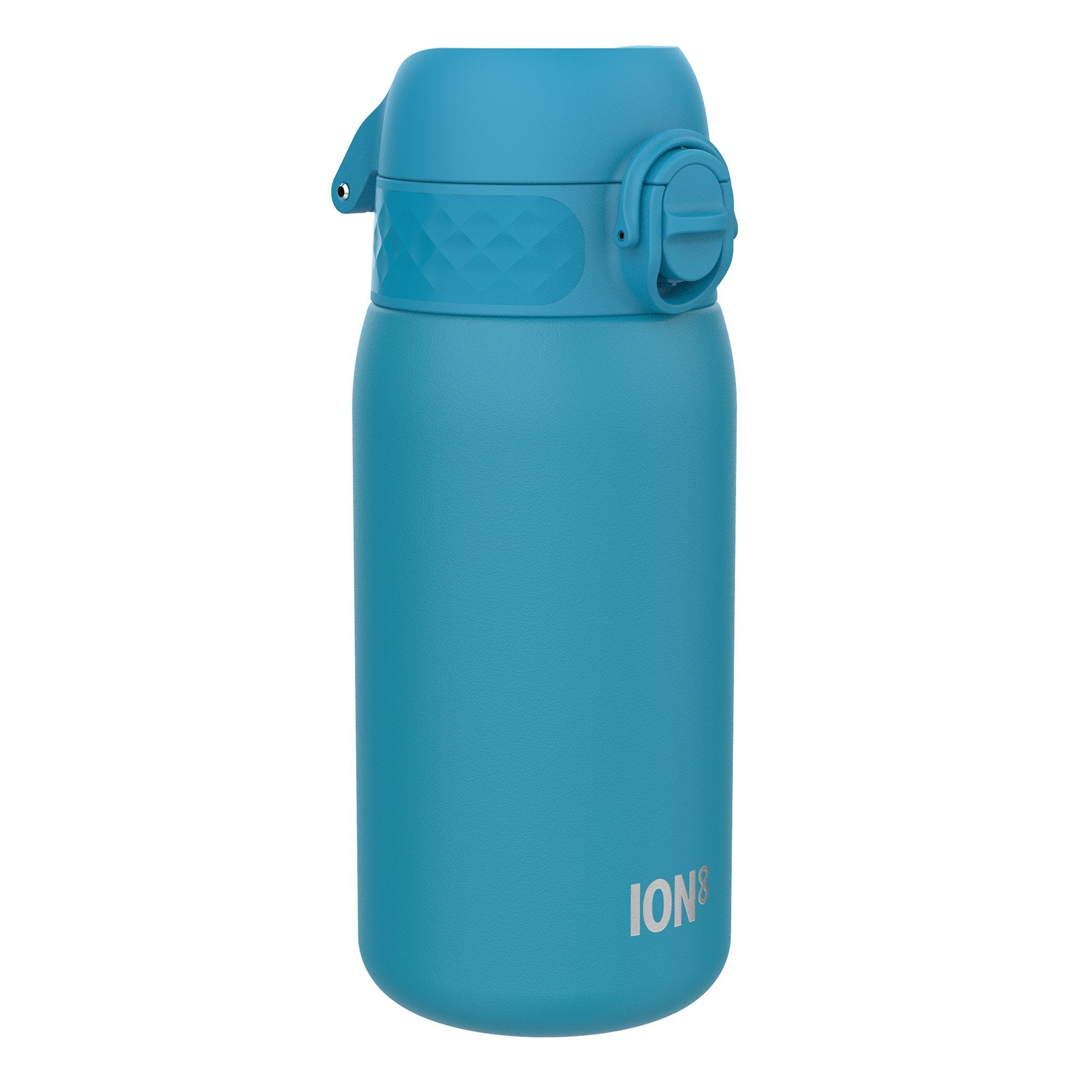 Blue ION8 insulated steel water bottle with leak-proof design and thermal insulation, 320ml capacity, for hot or cold beverages.