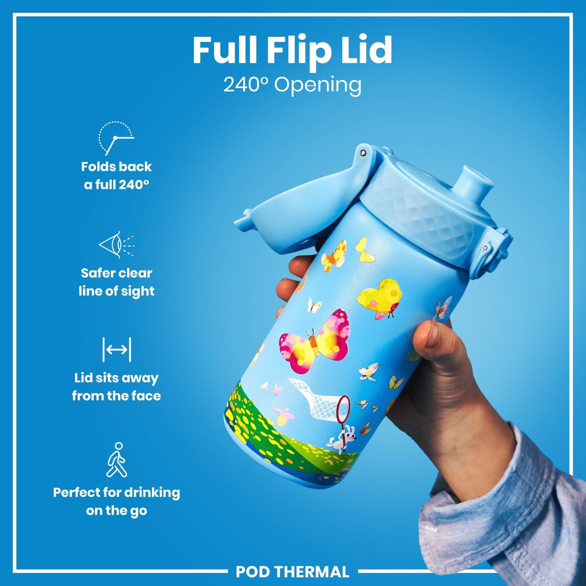 ION8 insulated steel water bottle with butterfly catcher design, 320ml capacity, leak-proof thermal stainless steel construction