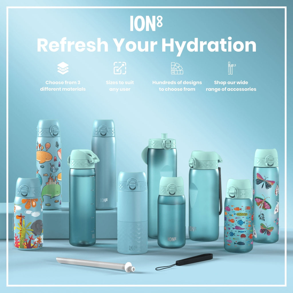 ION8 insulated steel water bottle with butterfly catcher design, 320ml capacity, leak-proof thermal insulation, metallic finish