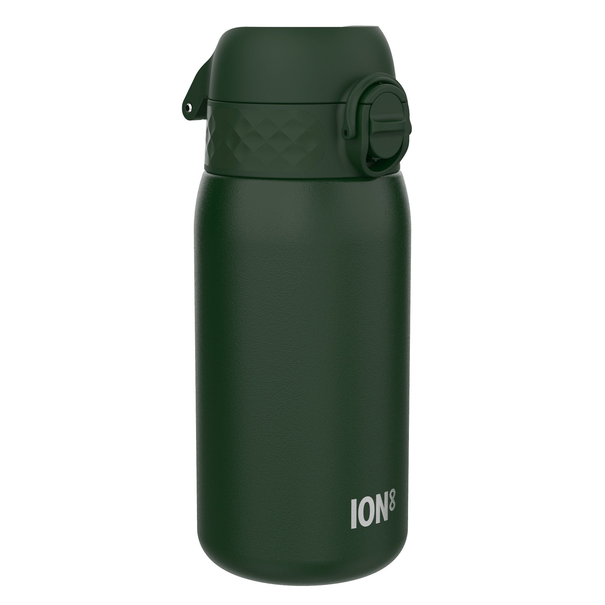 Dark green ION8 insulated steel water bottle with leak-proof design, 320ml capacity, perfect for keeping beverages hot or cold