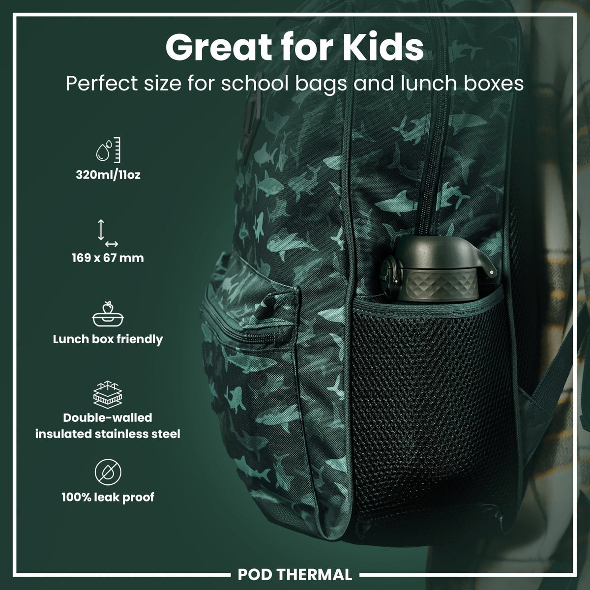 Dark green ION8 insulated steel water bottle, 320ml, leak-proof thermal design with a sleek, durable finish.