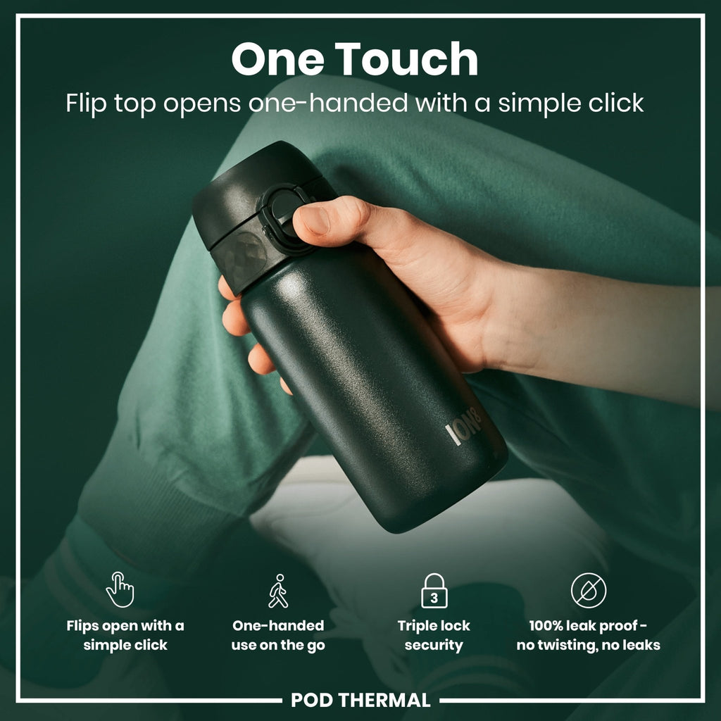 Dark green ION8 insulated steel water bottle, 320ml, leak-proof thermal design, ideal for staying hydrated on the go.