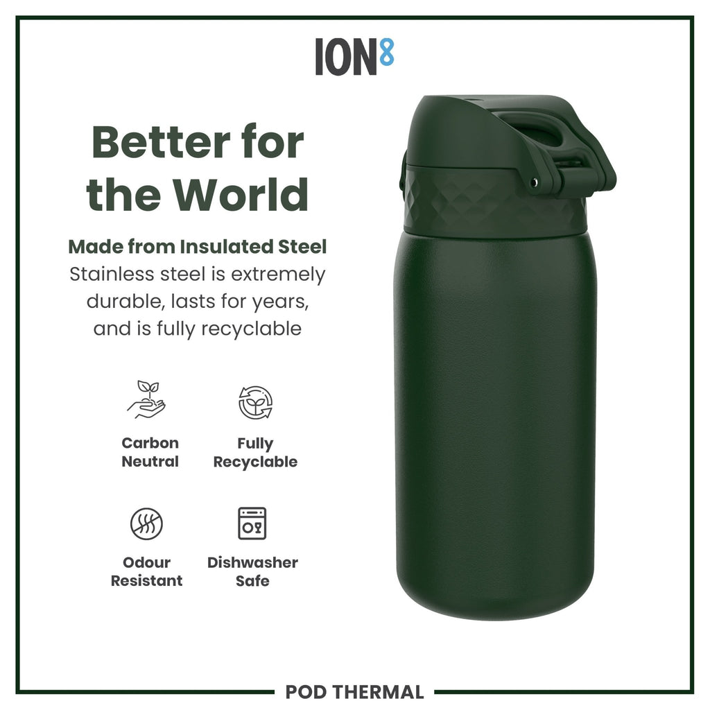 Dark green ION8 insulated steel water bottle, 320ml, leak-proof thermal design, ideal for hot and cold beverages.