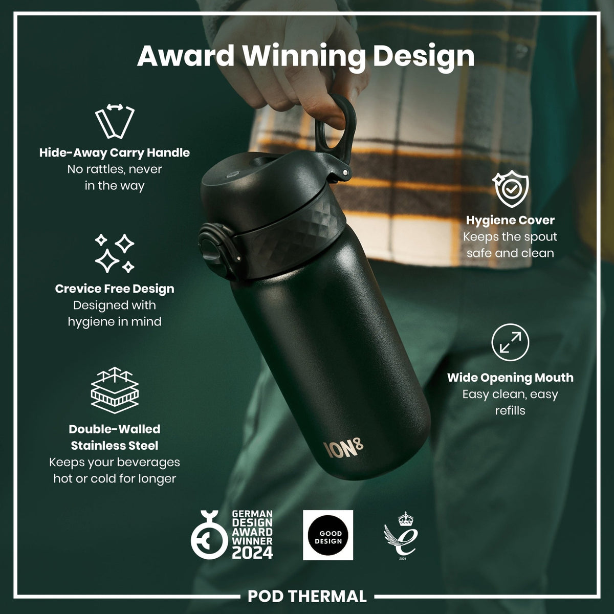 Dark green ION8 insulated steel water bottle, 320ml, leak-proof thermal design, ideal for keeping drinks hot or cold.