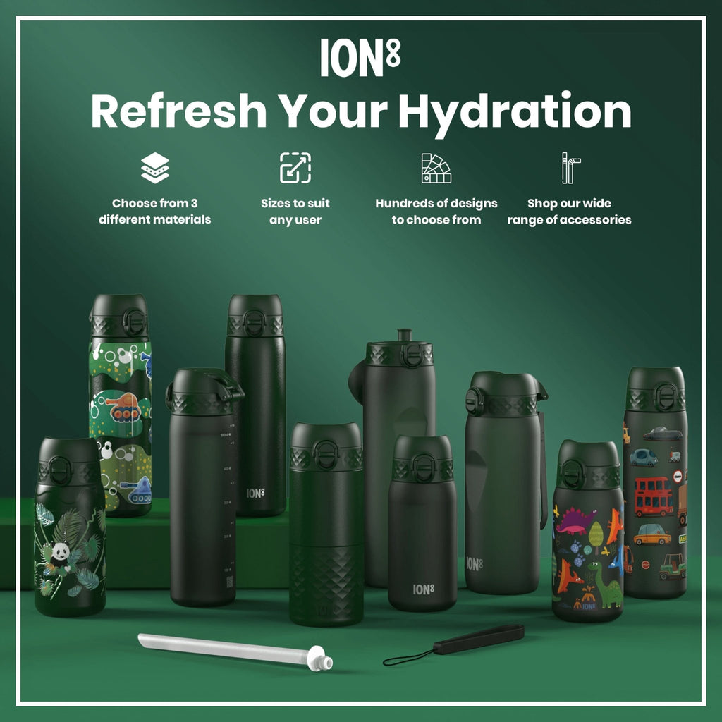 Dark green ION8 insulated steel water bottle, 320ml, leak-proof thermal design, suitable for hot and cold beverages.