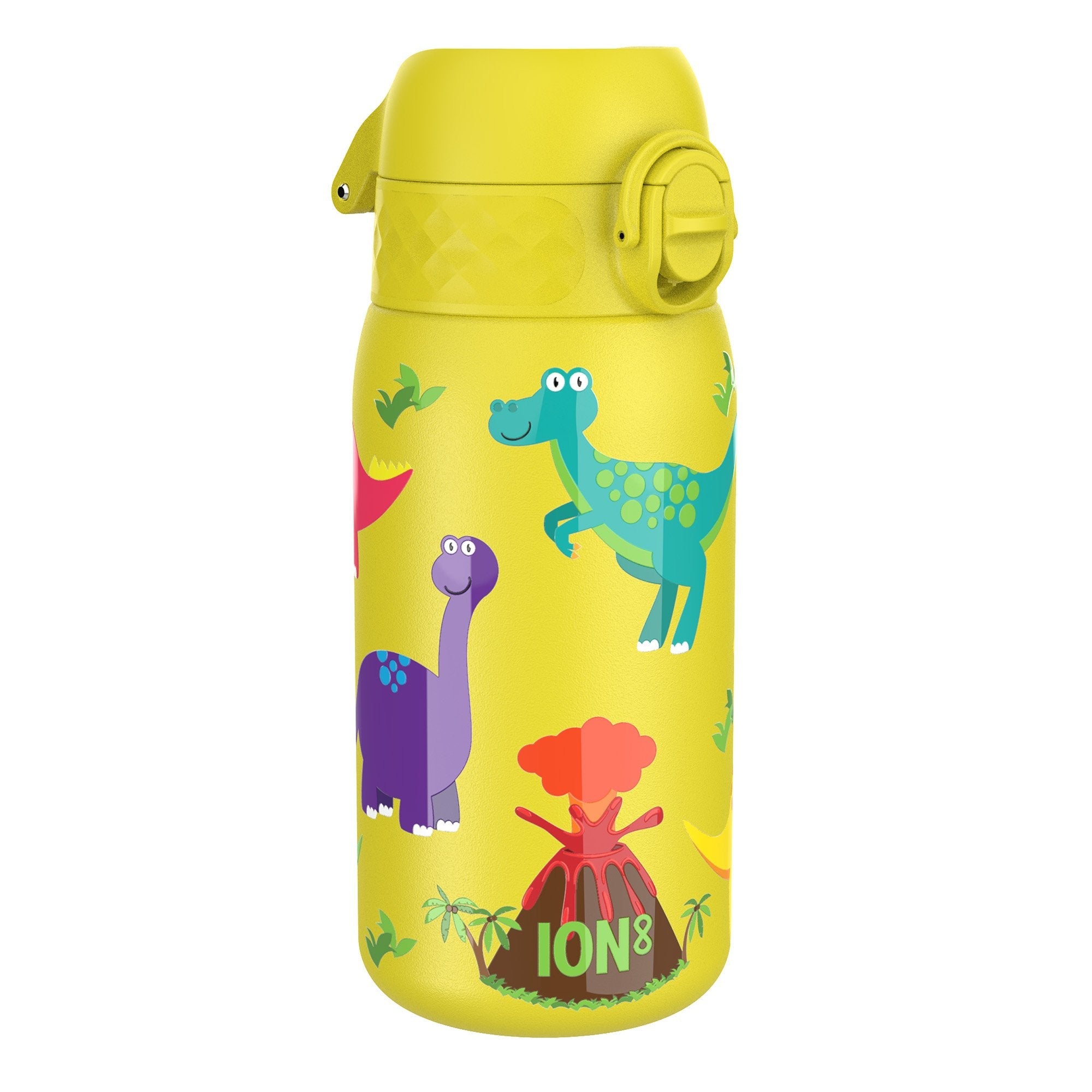 ION8 insulated steel water bottle with dinosaur design, leak-proof and thermal, 320ml capacity, ideal for hot and cold drinks