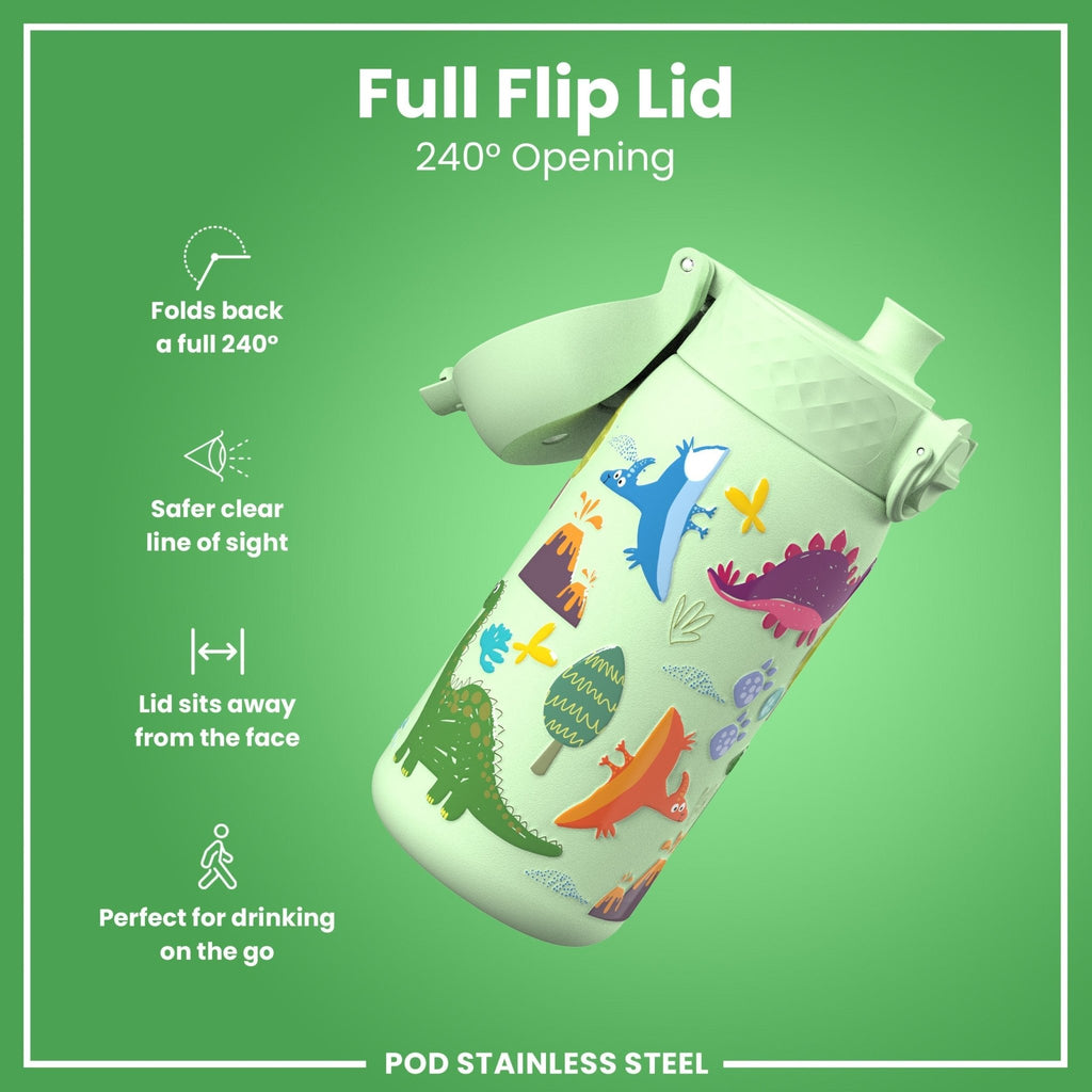 Ion8 insulated steel water bottle featuring colorful dinosaur design, 320ml capacity, leak-proof thermal insulation, ideal for on-the-go use.