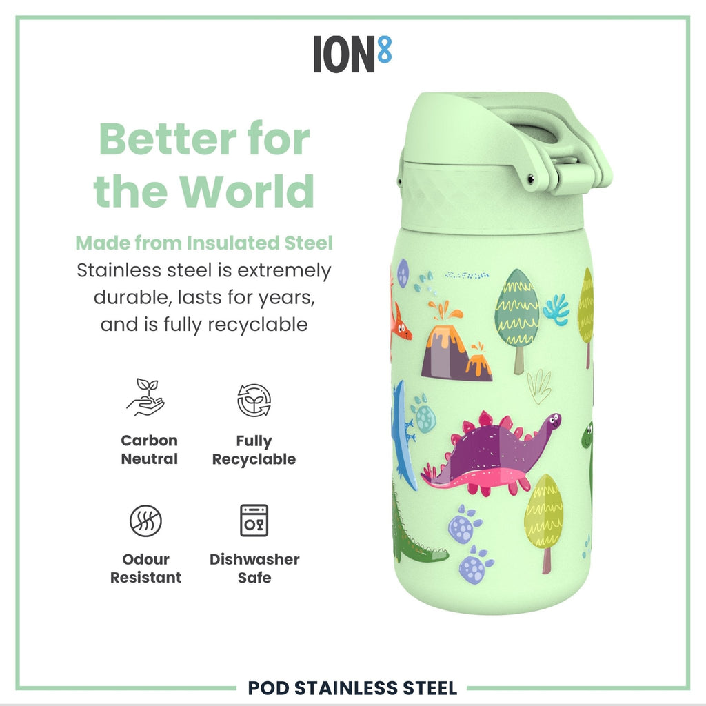 Ion8 insulated steel water bottle with dinosaur design, 320ml capacity, leak-proof thermal bottle for hot and cold drinks.