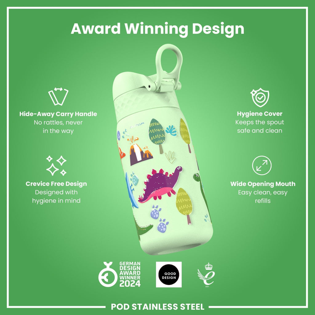 ION8 insulated steel water bottle with dinosaur design, 320ml (11oz), leak-proof thermal bottle for hot and cold drinks.