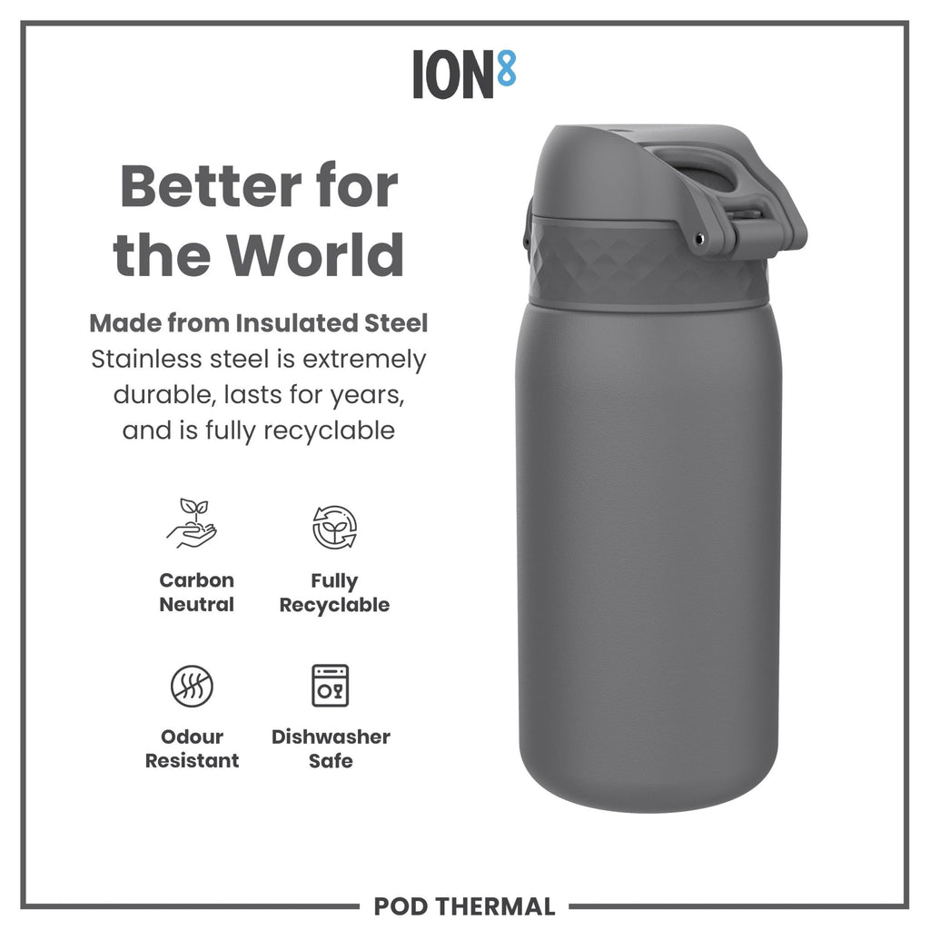 Grey ION8 insulated steel water bottle, 320ml, leak-proof thermal design, durable and perfect for keeping drinks cold or hot.