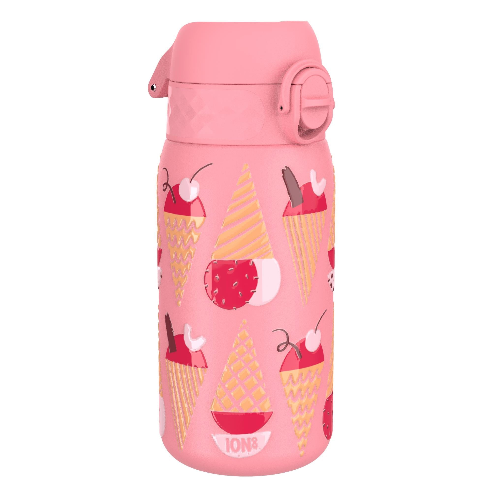ION8 insulated steel water bottle with leak-proof design, 320ml capacity, perfect for keeping drinks cold or hot.