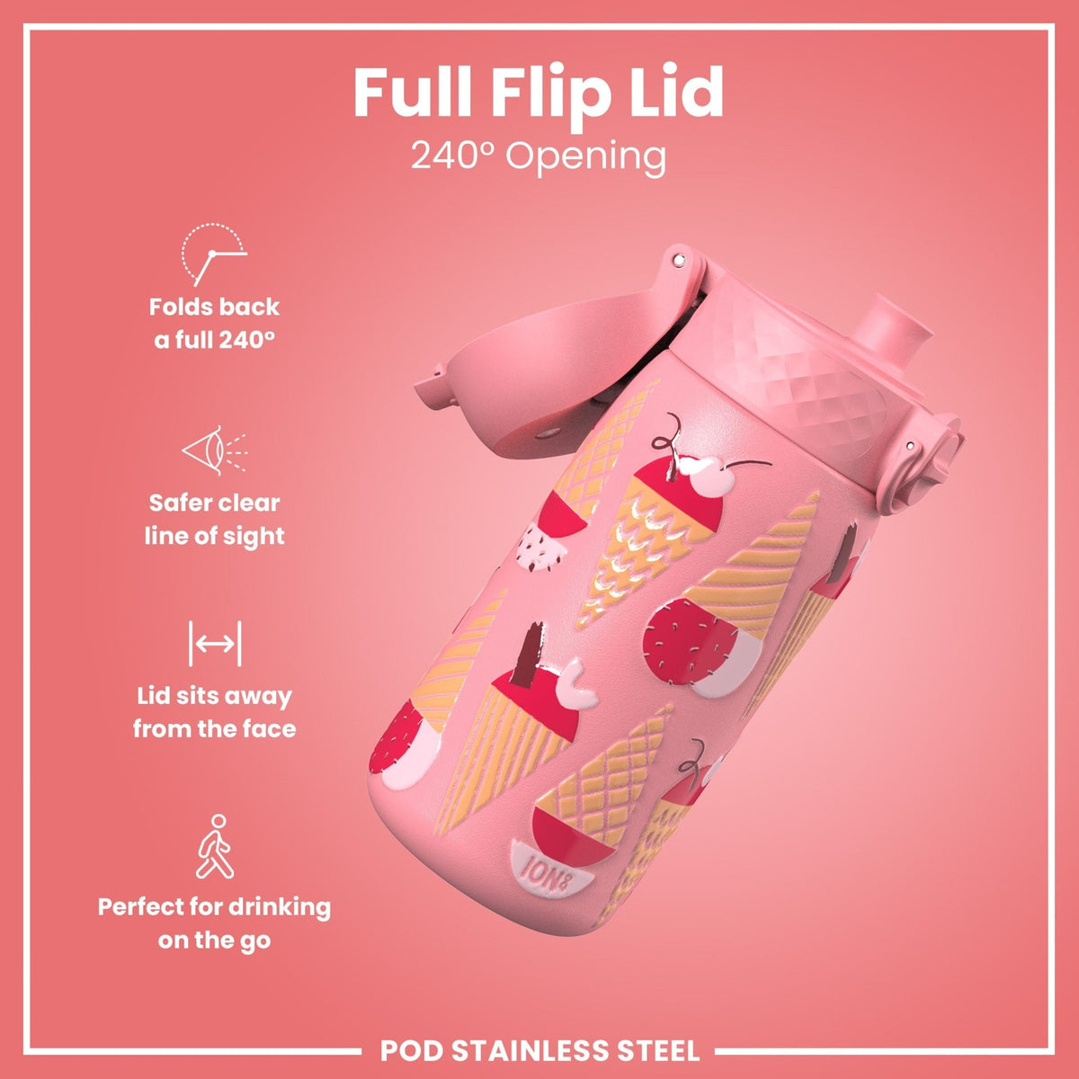 ION8 insulated steel water bottle with ice cream design, 320ml, leak-proof thermal beverage container for cold drinks
