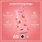 ION8 insulated steel water bottle with 320ml capacity, featuring a leak-proof design and thermal insulation for cold drinks.