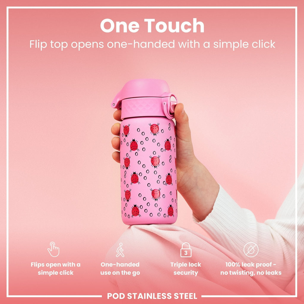 ION8 insulated steel water bottle with ladybug design, 320ml, leak-proof thermal bottle for hot and cold beverages.
