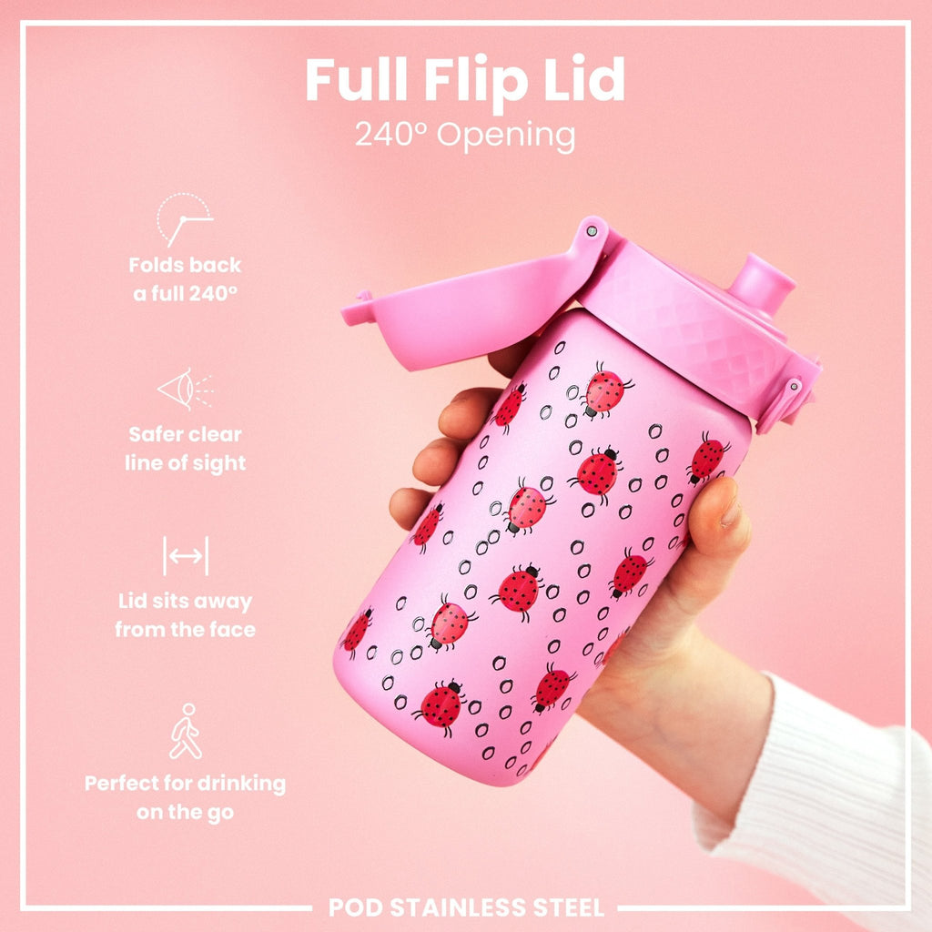 ION8 insulated steel water bottle with ladybug design, 320ml (11oz), leak-proof thermal insulation, durable and stylish.