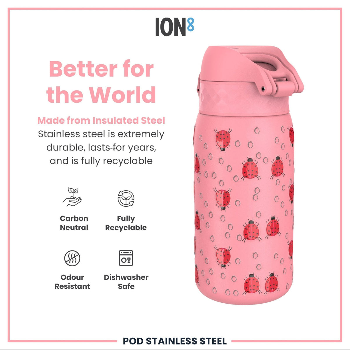 ION8 insulated steel water bottle with ladybug design, 320ml, leak-proof thermal bottle for hot and cold drinks.