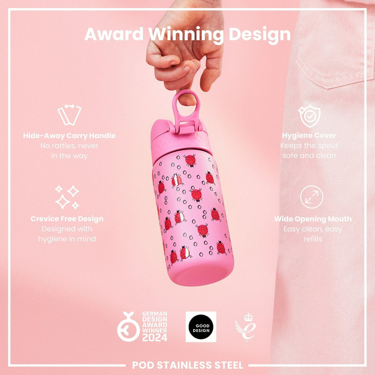 Ion8 insulated steel water bottle with ladybug design, 320ml, leak-proof thermal bottle for hot and cold beverages