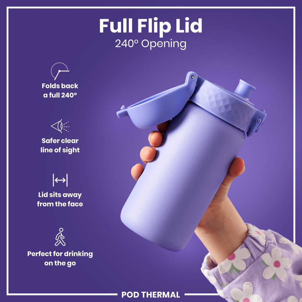 Ion8 insulated steel water bottle in light purple, 320ml, leak-proof thermal design, ideal for keeping beverages hot or cold.