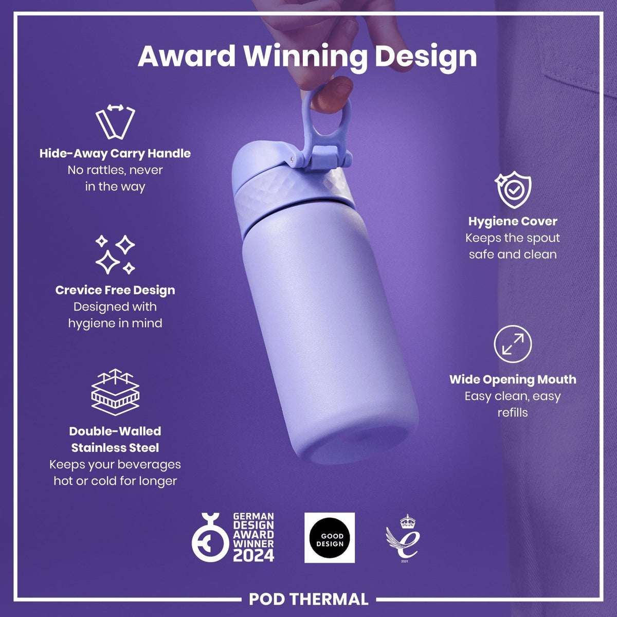 ION8 insulated steel water bottle in light purple, 320ml, leak-proof thermal design, ideal for keeping drinks hot or cold.