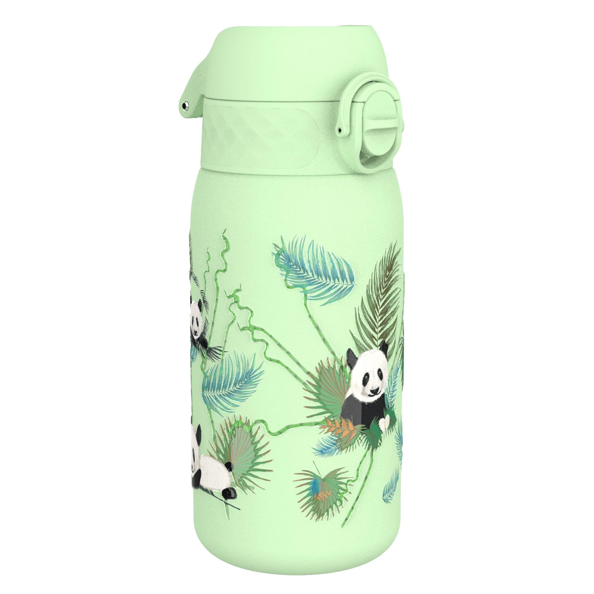Insulated ION8 steel water bottle with panda design, leak-proof, thermal, 320ml capacity, ideal for hot and cold drinks