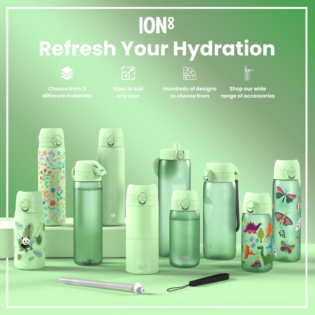 Insulated Steel Bottle Pandas 320ml by ION8, leak-proof thermal water bottle with panda design and stainless steel construction.