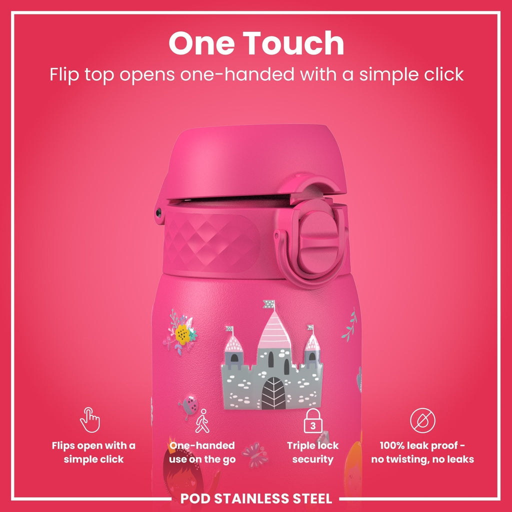 ION8 insulated steel water bottle with princess design, 320ml capacity, leak-proof thermal stainless steel for hot and cold drinks
