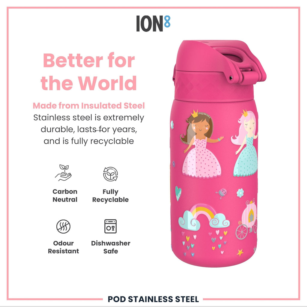 ION8 insulated steel water bottle with princess design, 320ml capacity, leak-proof thermal bottle, ideal for keeping drinks hot or cold.