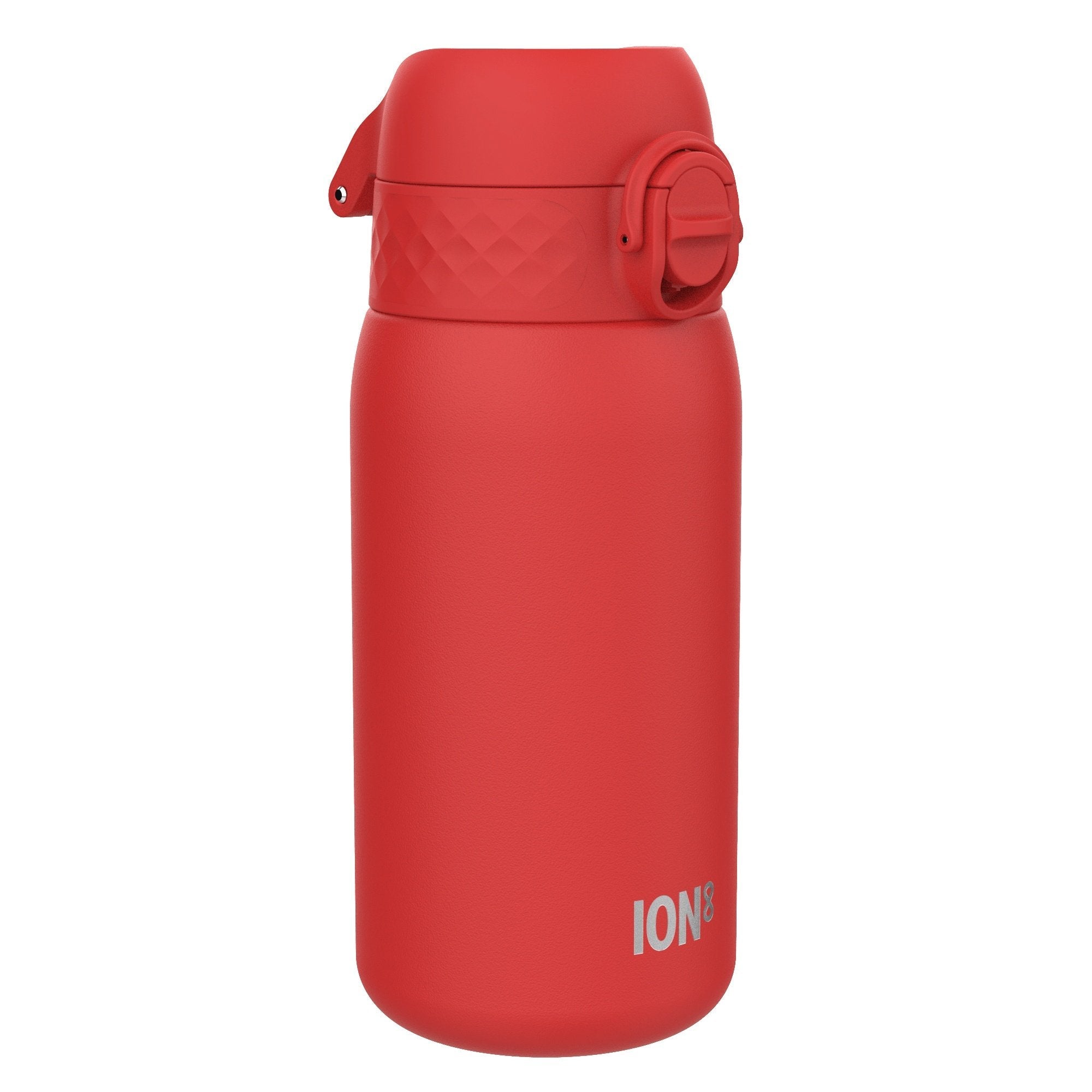 Red ION8 insulated steel water bottle, 320ml leak-proof thermal bottle with a sleek design and secure cap.