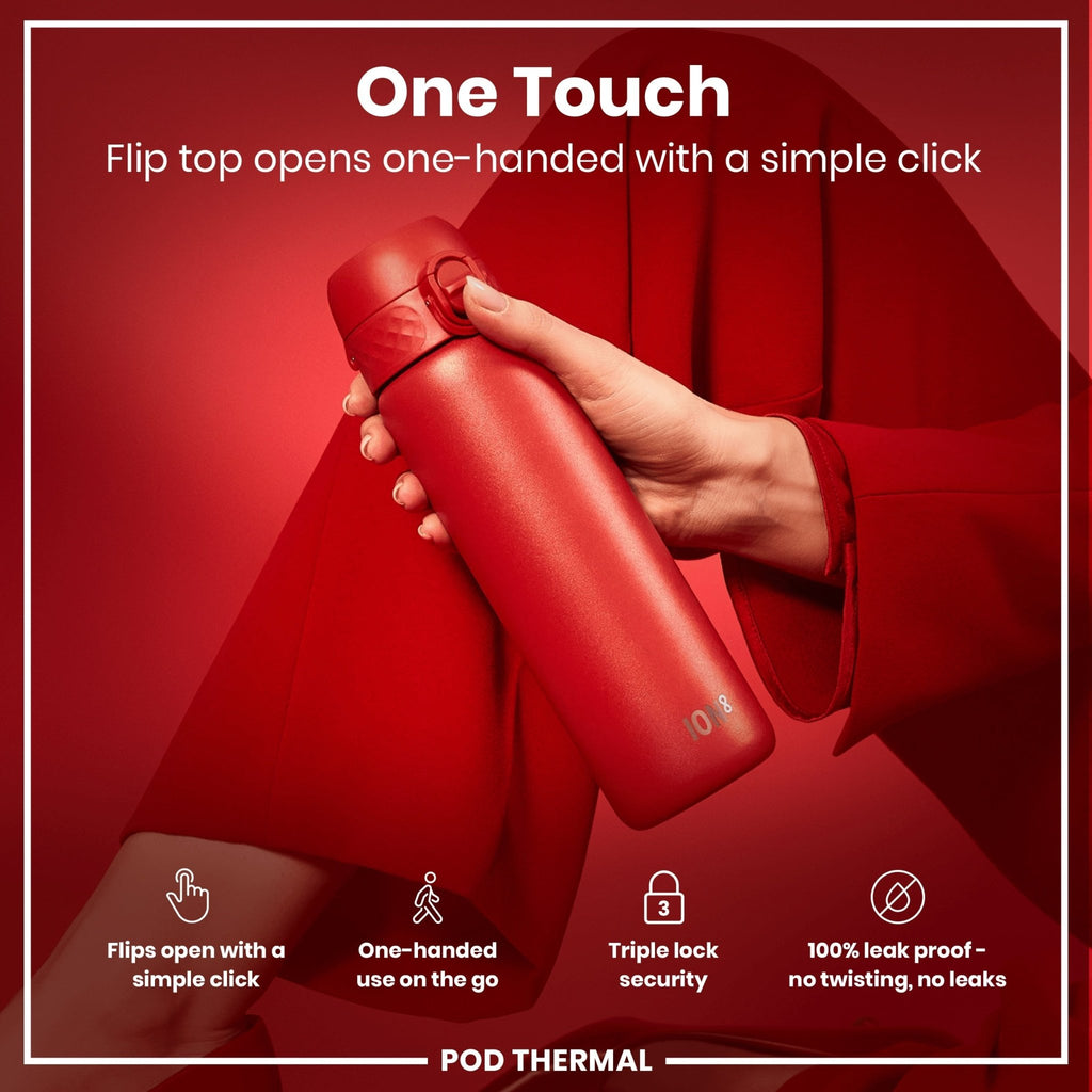 Red ION8 insulated steel water bottle, 320ml, leak-proof thermal design, ideal for staying hydrated on the go