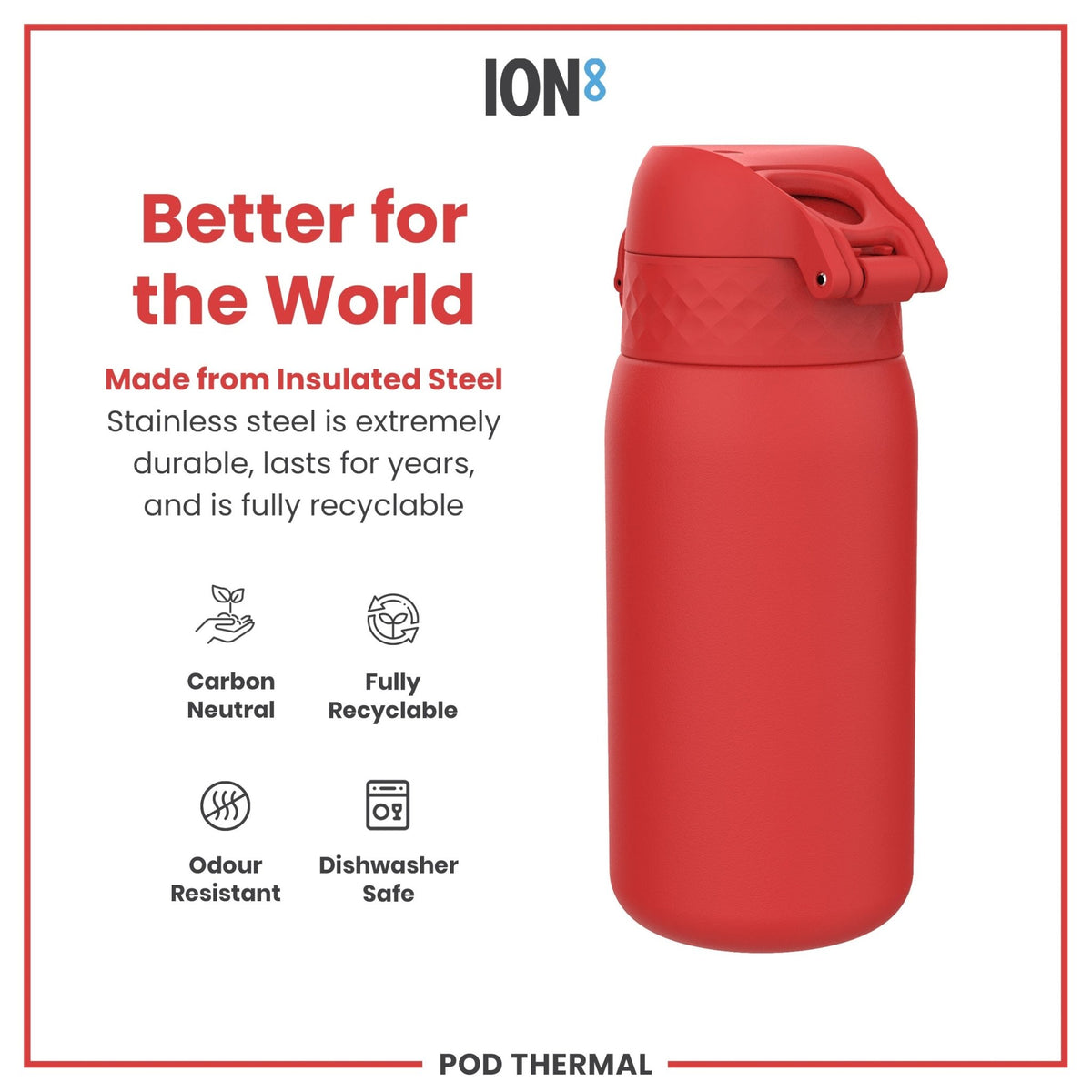 Red ION8 insulated steel water bottle, 320ml, leak-proof thermal design, suitable for hot and cold beverages.