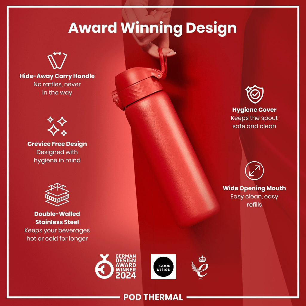 Red ION8 insulated steel water bottle, 320ml, leak-proof thermal design with a sleek, durable finish.
