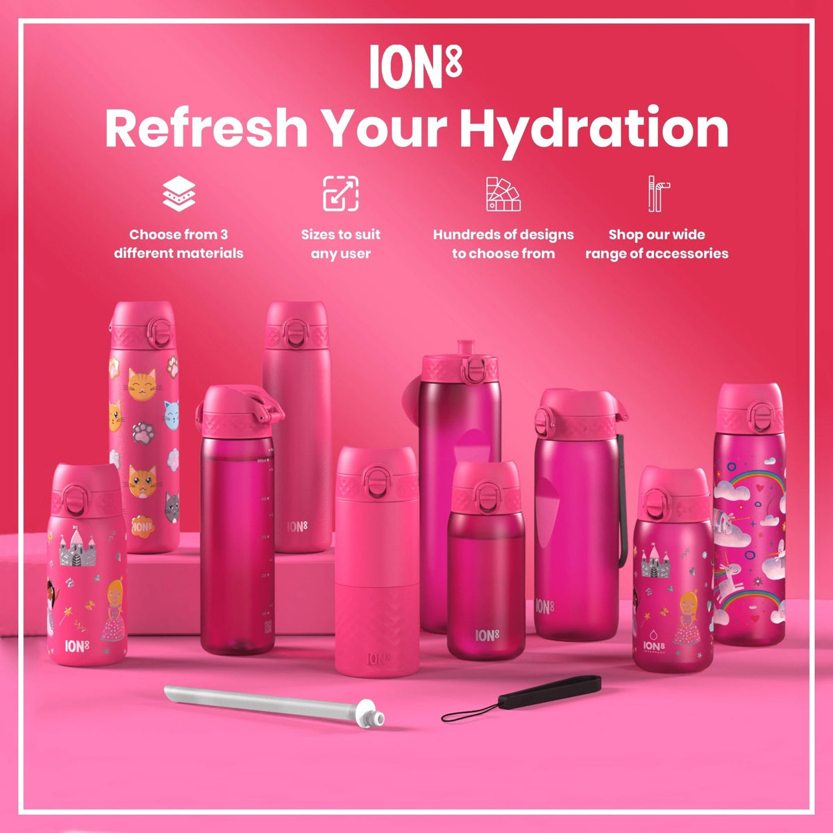 ION8 insulated steel water bottle in Rose Bloom design, 320ml, leak-proof thermal bottle with a sleek, colorful floral pattern.