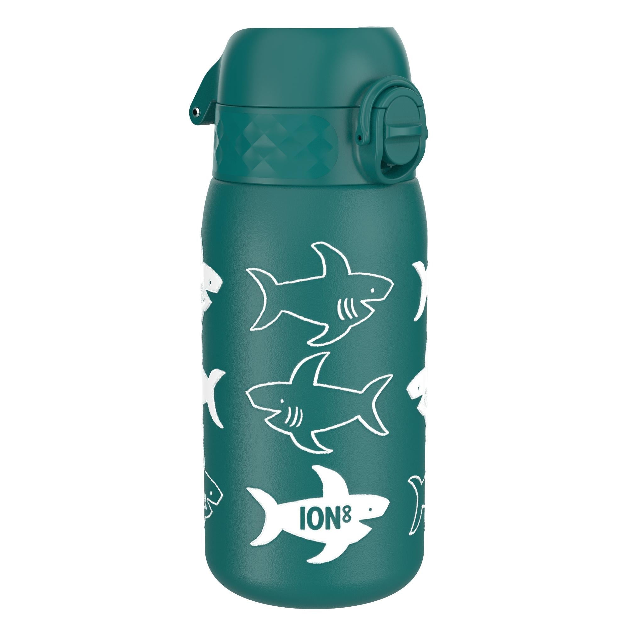 Insulated ION8 steel water bottle with shark design, leak-proof thermal water bottle, 320ml (11oz) for hot or cold drinks.