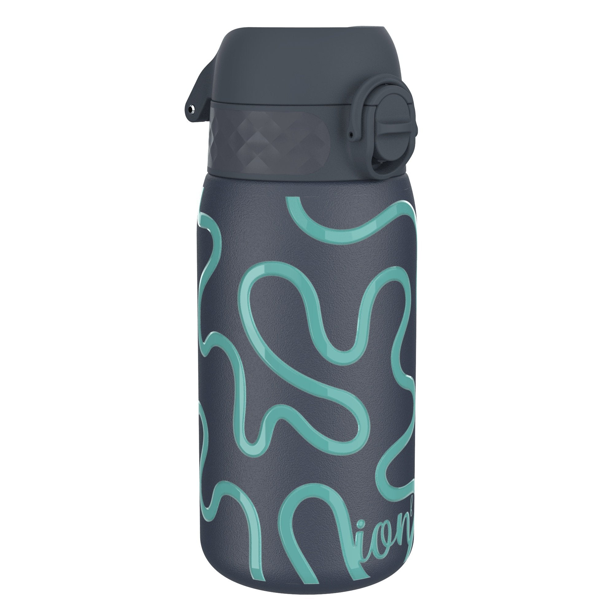ION8 insulated steel water bottle with leak-proof design, 320ml capacity, featuring a squiggly line pattern and thermal insulation.