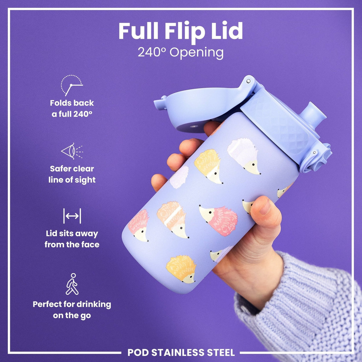 ION8 insulated steel water bottle with hedgehog design, 320ml, leak-proof thermal steel bottle for hot and cold beverages.