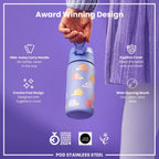 ION8 insulated steel water bottle with hedgehog design, 320ml leak-proof thermal bottle for hot and cold drinks.