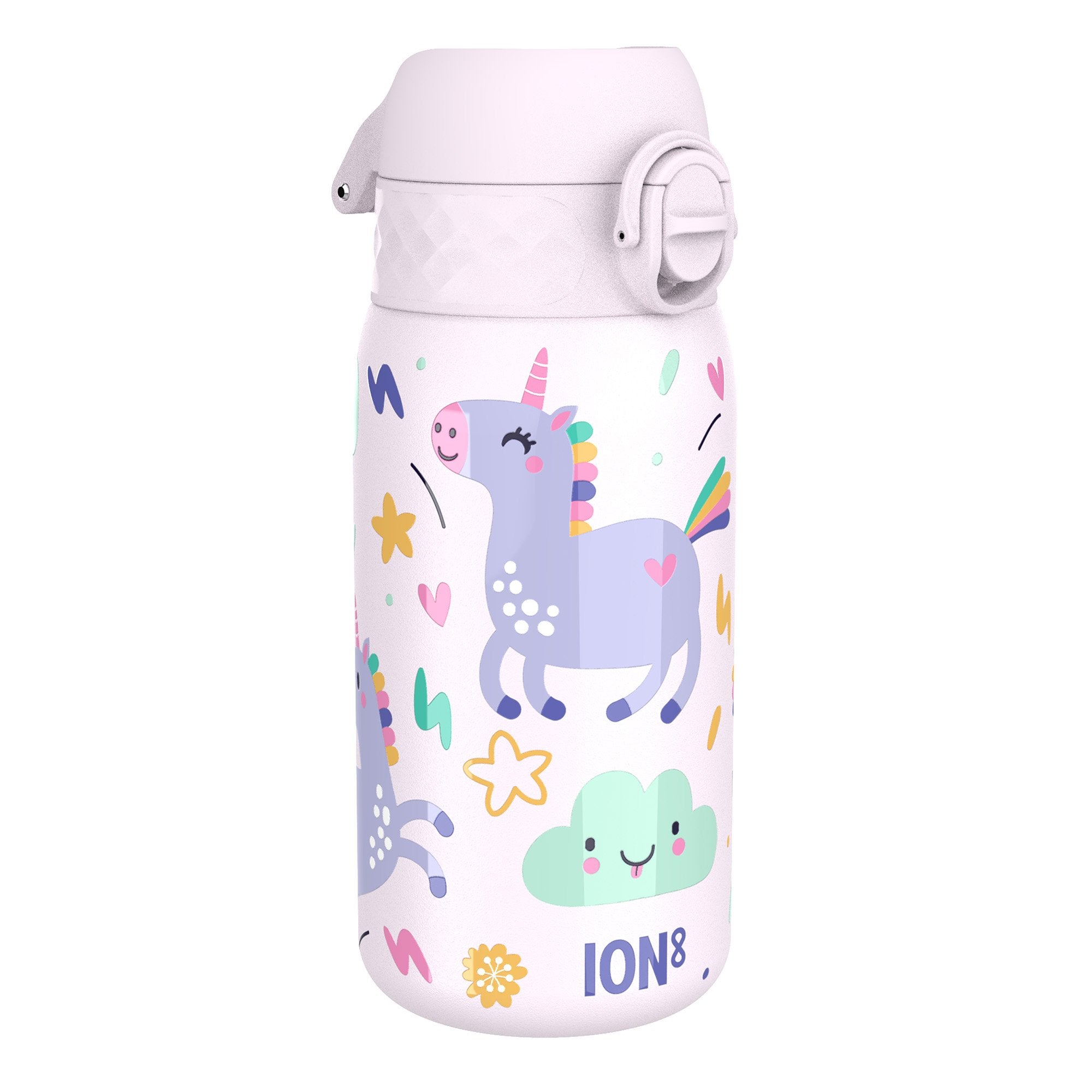 ION8 leak-proof thermal steel water bottle with unicorn design, insulated 320ml (11oz) durable stainless steel, ideal for hot and cold drinks.