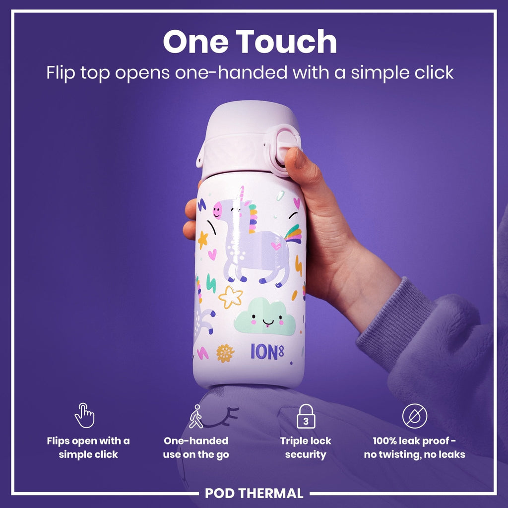 ION8 insulated steel water bottle with unicorn design, 320ml capacity, leak-proof thermal insulation, ideal for hot and cold drinks