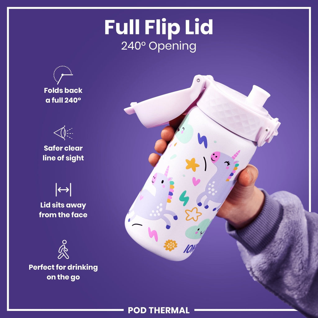 ION8 insulated steel water bottle with unicorn design, 320ml capacity, leak-proof thermal stainless steel hydration bottle