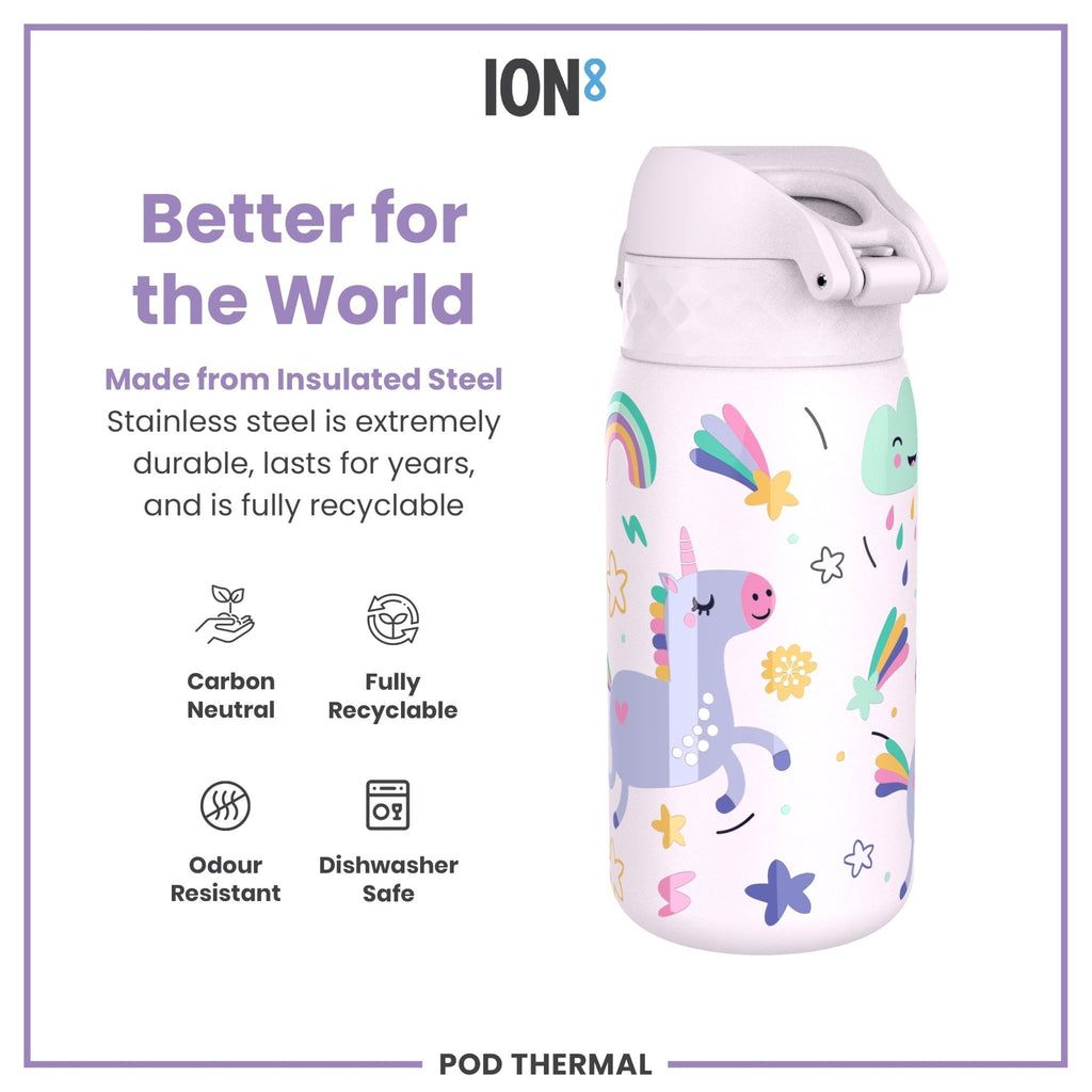 ION8 insulated steel water bottle featuring colorful unicorn design, 320ml capacity, leak-proof thermal insulation.