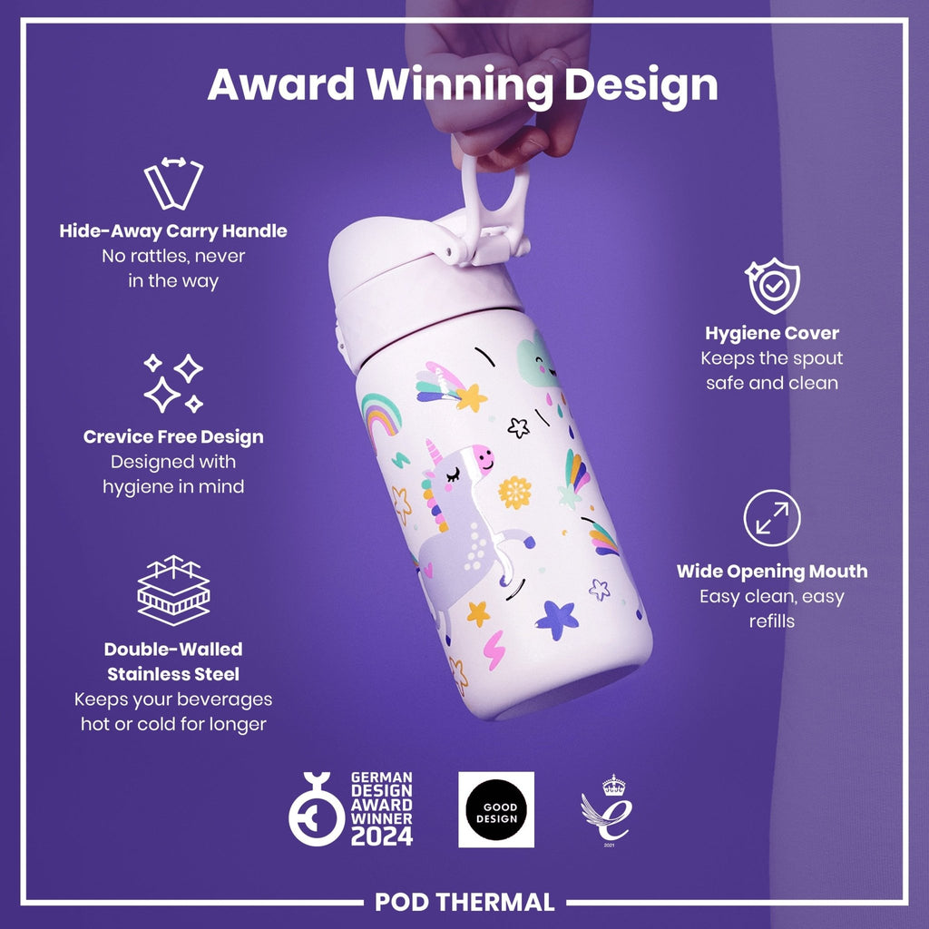 ION8 insulated steel water bottle with unicorn design, 320ml capacity, leak-proof thermal bottle for hot and cold drinks.
