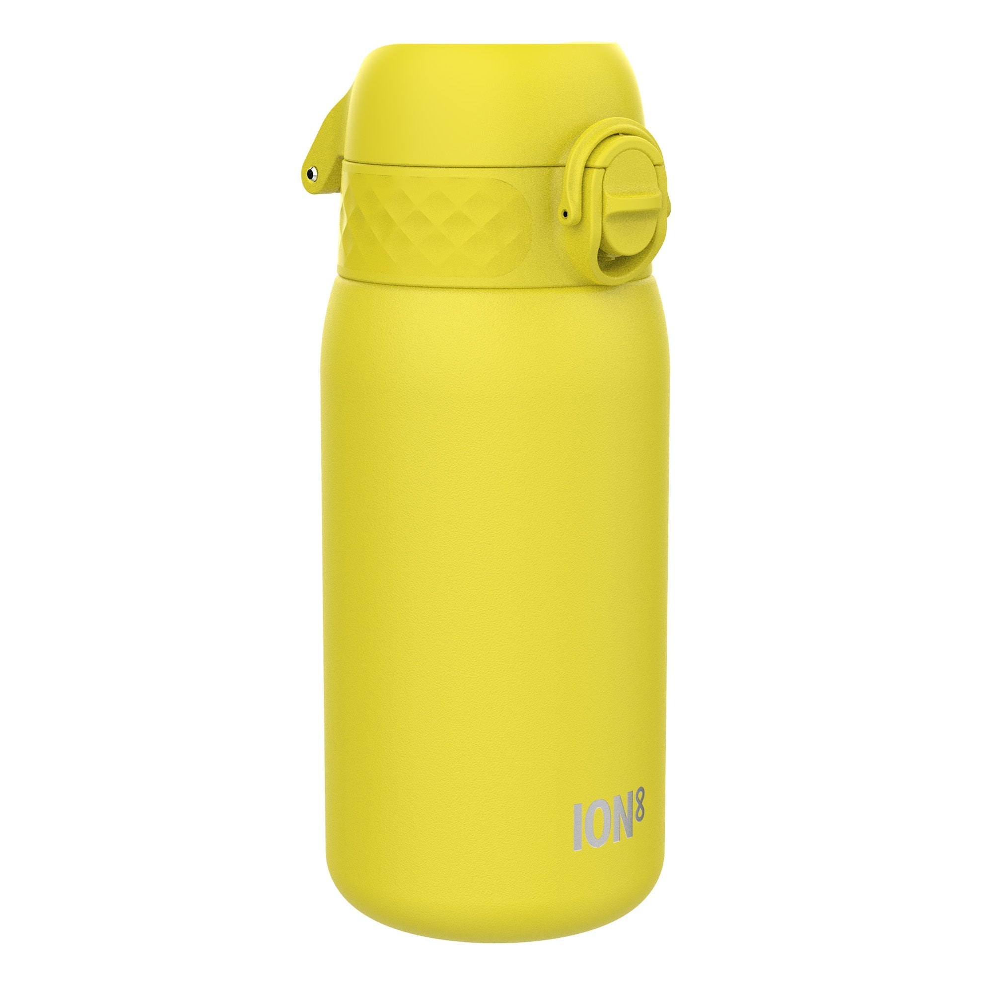 Yellow ION8 insulated steel water bottle with leak-proof design and 320ml capacity, featuring a sleek, thermal insulated body.
