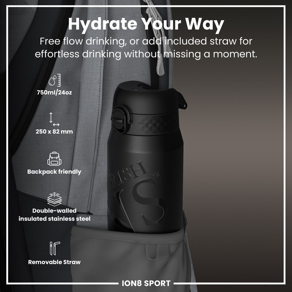 ION8 insulated steel water bottle featuring British & Irish Lions branding, 750ml (24oz) with a sleek, durable design.
