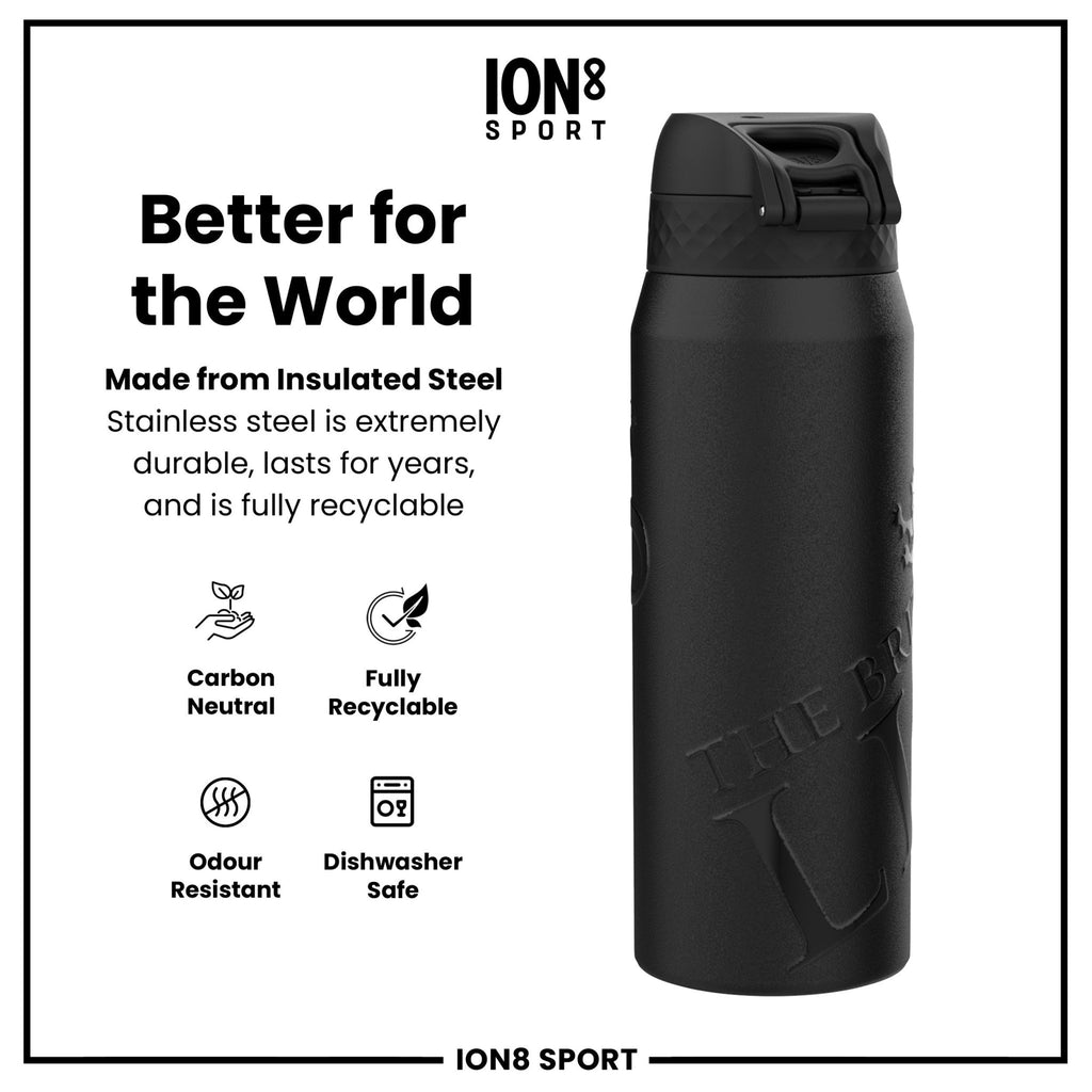 Ion8 insulated steel water bottle featuring British & Irish Lions branding, 750ml capacity, with a sleek stainless steel finish.