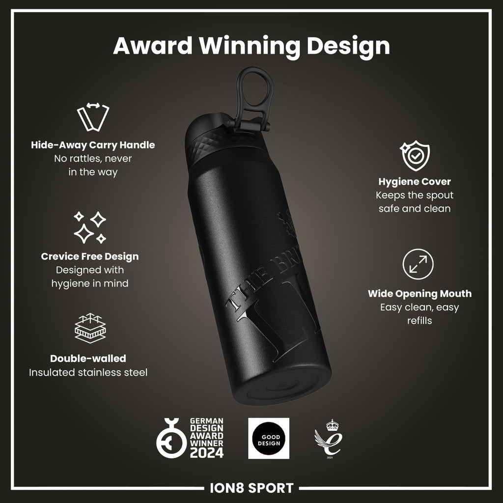 ION8 insulated steel water bottle featuring British & Irish Lions branding, 750ml capacity, durable and sleek design.