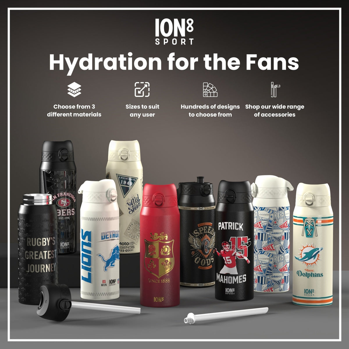 British & Irish Lions ION8 insulated steel water bottle, 750ml (24oz), with Lions logo and stainless steel finish.