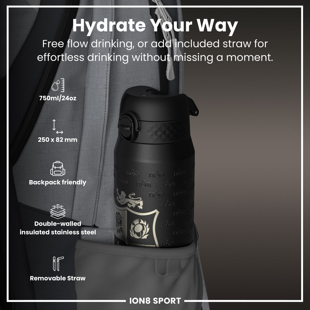 ION8 insulated steel water bottle featuring British & Irish Lions branding, 750ml capacity, keeps drinks hot or cold.