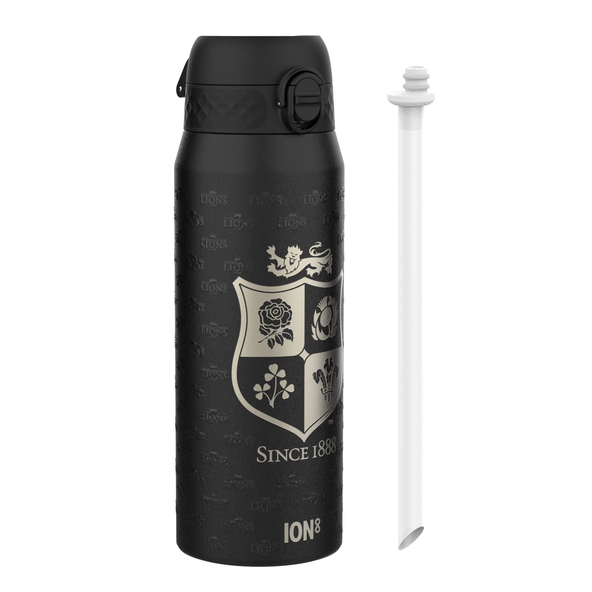 Insulated Steel Water Bottle by ION8 featuring British & Irish Lions rugby team branding, 750ml capacity, durable design.